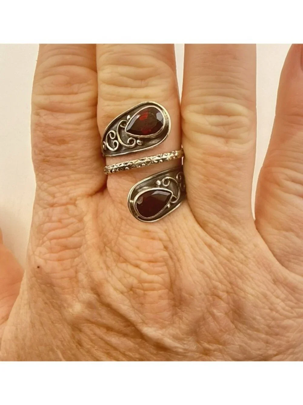 JTV Sterling Silver Ring Garnet Red Bypass Wrap 925 Adjustable Sz 9-11